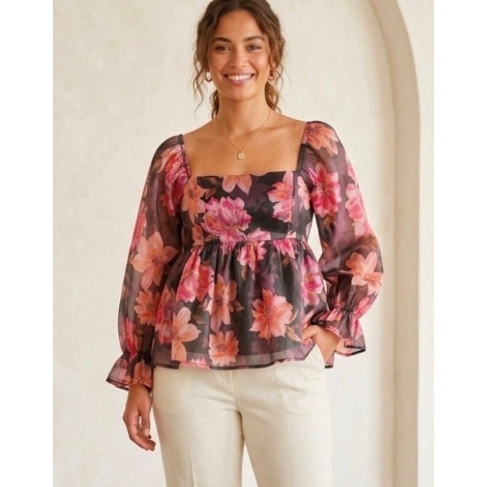 Thirty/Thirty LA Pink Plum Floral Sheer Blouse Smocked Milkmaid Cottagecore M